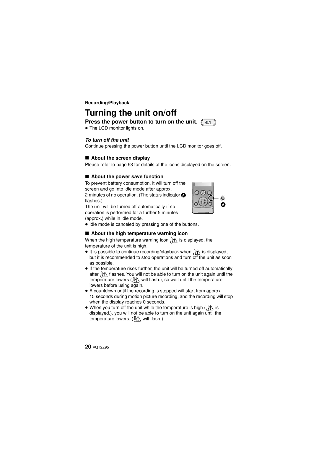 Panasonic HM-TA1, VQT2Z95-1 Turning the unit on/off, Press the power button to turn on the unit, About the screen display 