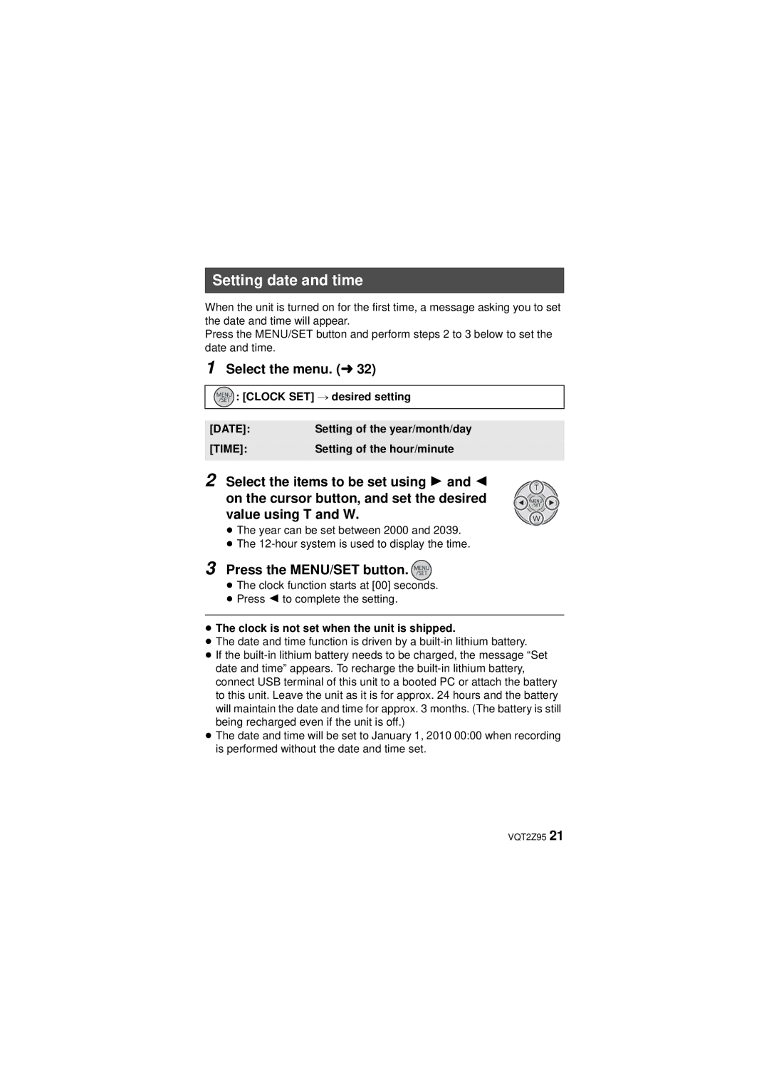 Panasonic VQT2Z95-1, HM-TA1, 1AG6P1P6073-S Setting date and time, Select the menu. l, Press the MENU/SET button 