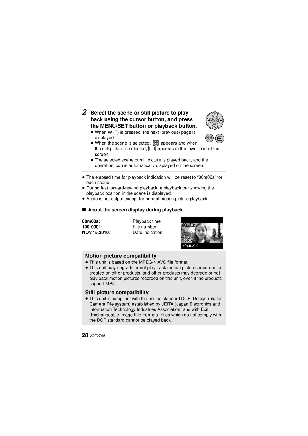 Panasonic HM-TA1 Motion picture compatibility, Still picture compatibility, About the screen display during playback 