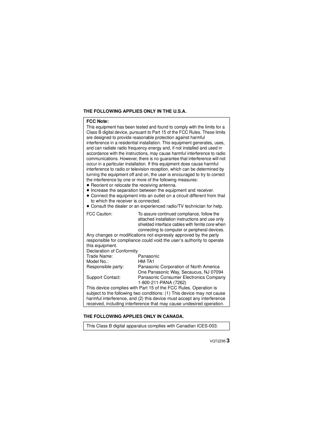 Panasonic 1AG6P1P6073-A, HM-TA1, VQT2Z95-1, 1AG6P1P6073-S operating instructions Following Applies only in the U.S.A, FCC Note 