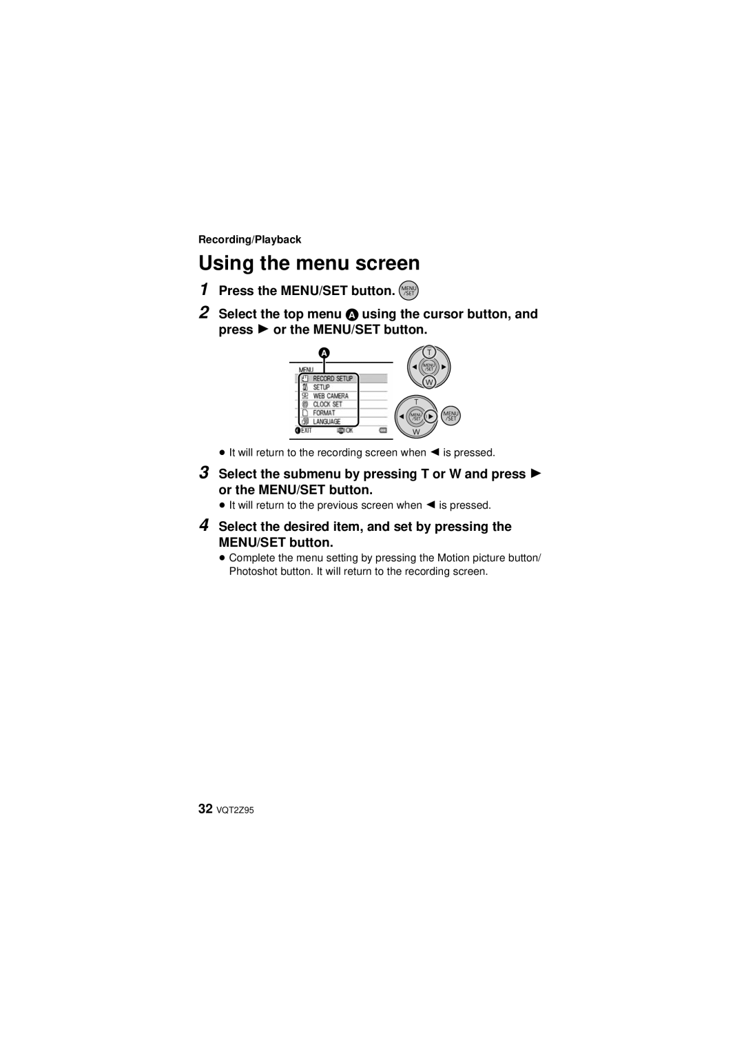 Panasonic HM-TA1, VQT2Z95-1, 1AG6P1P6073-S, 1AG6P1P6073-A operating instructions Using the menu screen, Recording/Playback 