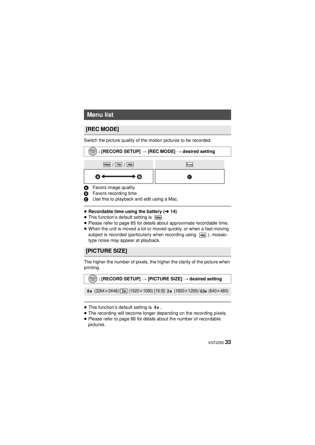 Panasonic VQT2Z95-1 Menu list,  , Record Setup # REC Mode # desired setting, ≥ Recordable time using the battery l 