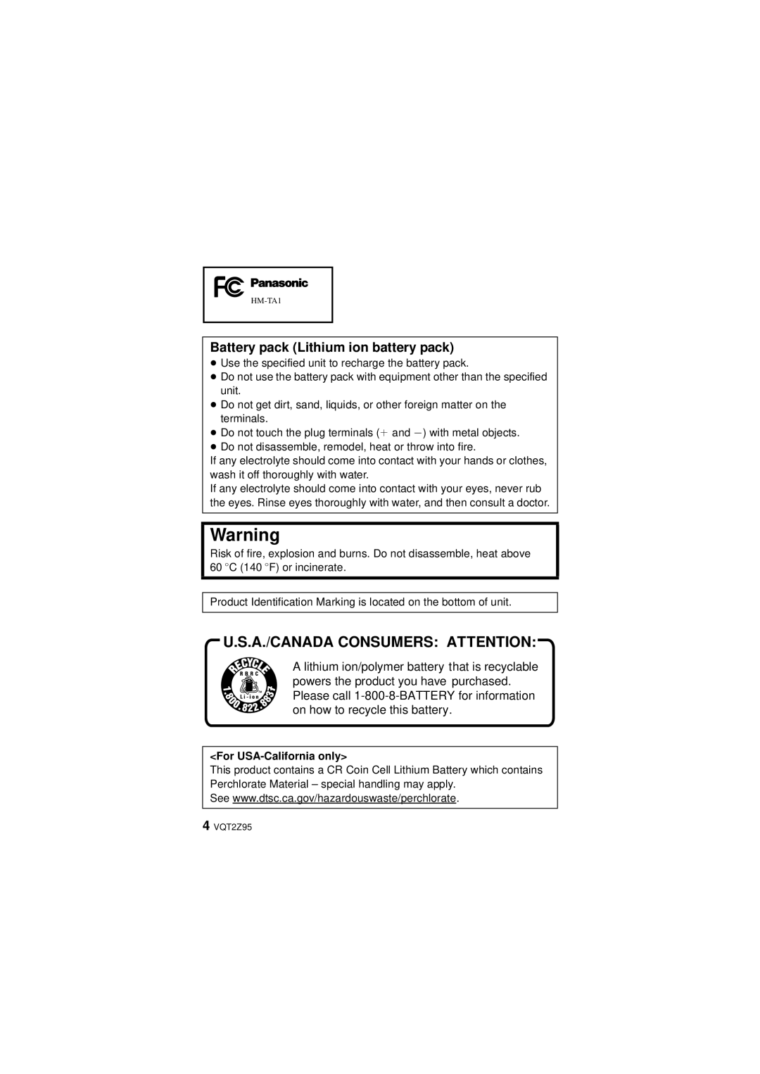 Panasonic HM-TA1, VQT2Z95-1, 1AG6P1P6073-S, 1AG6P1P6073-A Battery pack Lithium ion battery pack, For USA-California only 