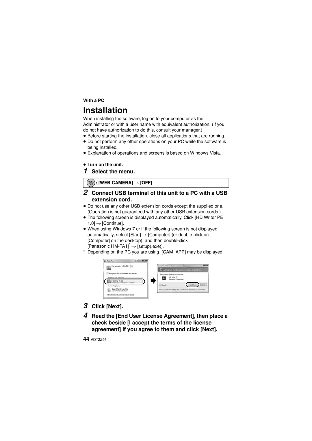 Panasonic HM-TA1, VQT2Z95-1, 1AG6P1P6073-S Installation, Select the menu, ≥ Turn on the unit, WEB Camera # OFF 