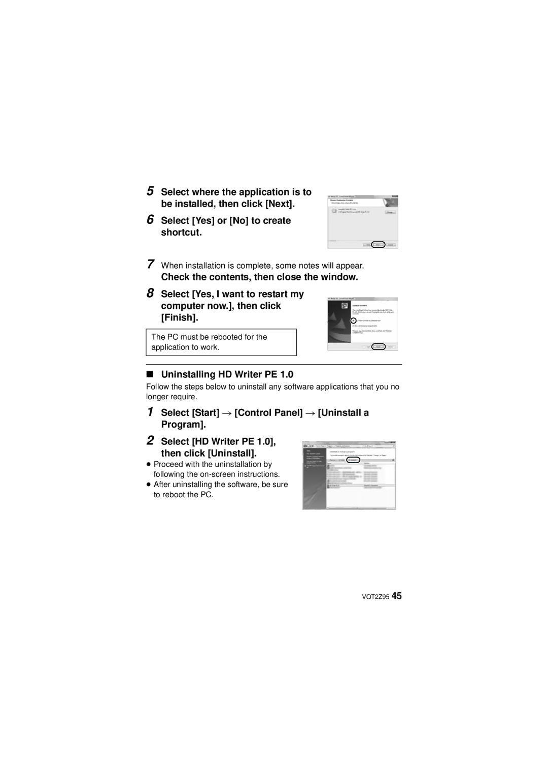 Panasonic VQT2Z95-1, HM-TA1, 1AG6P1P6073-S, 1AG6P1P6073-A operating instructions Uninstalling HD Writer PE 