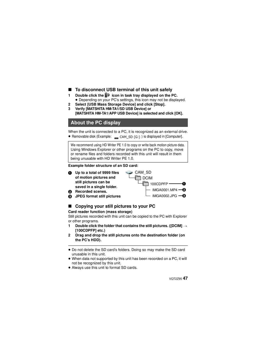 Panasonic 1AG6P1P6073-A, HM-TA1, VQT2Z95-1 About the PC display, To disconnect USB terminal of this unit safely 