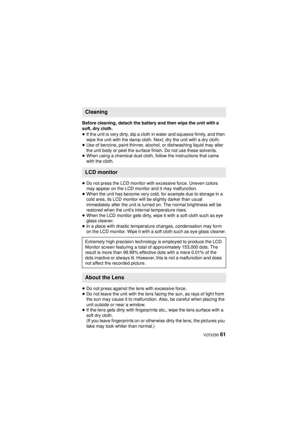 Panasonic VQT2Z95-1, HM-TA1, 1AG6P1P6073-S, 1AG6P1P6073-A operating instructions Cleaning, LCD monitor, About the Lens 