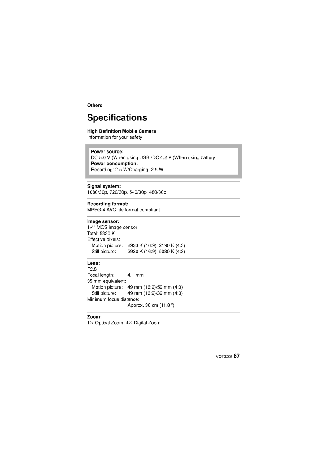 Panasonic 1AG6P1P6073-A, HM-TA1, VQT2Z95-1, 1AG6P1P6073-S operating instructions Specifications 