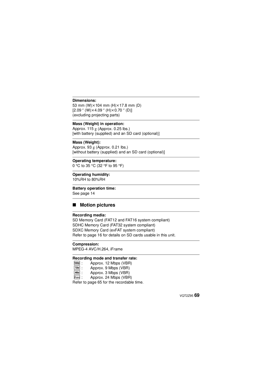 Panasonic VQT2Z95-1, HM-TA1, 1AG6P1P6073-S, 1AG6P1P6073-A operating instructions Motion pictures 