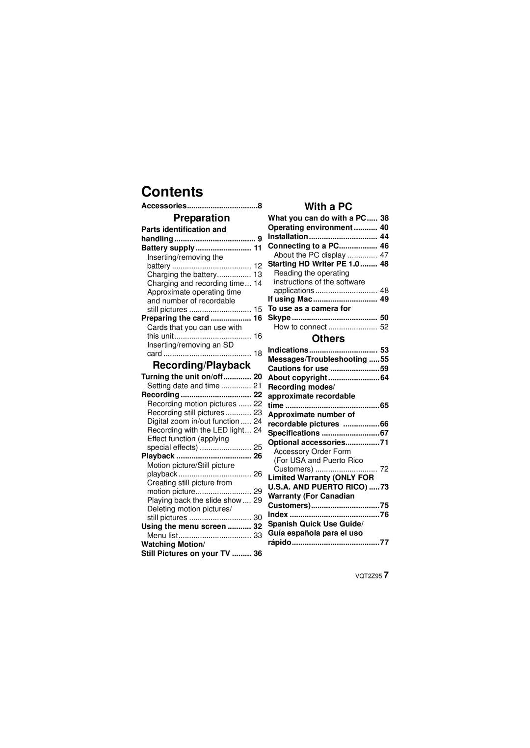 Panasonic 1AG6P1P6073-A, HM-TA1, VQT2Z95-1, 1AG6P1P6073-S operating instructions Contents 