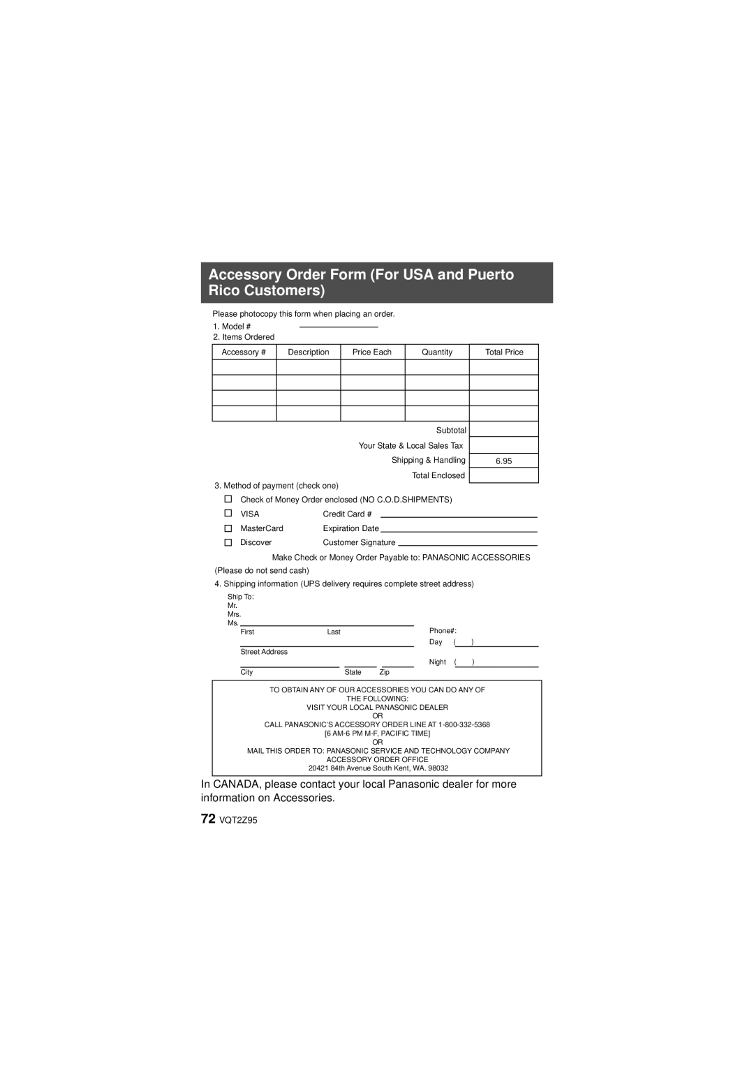 Panasonic HM-TA1, VQT2Z95-1, 1AG6P1P6073-S, 1AG6P1P6073-A Accessory Order Form For USA and Puerto Rico Customers, Visa 