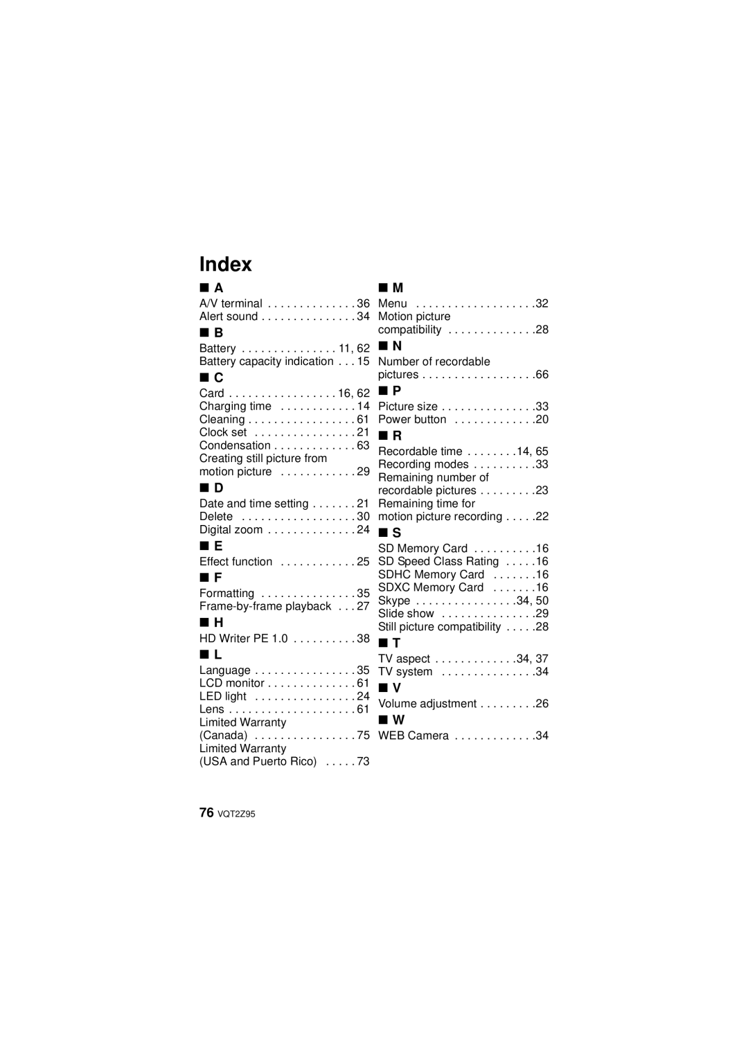 Panasonic HM-TA1, VQT2Z95-1, 1AG6P1P6073-S, 1AG6P1P6073-A Index, Battery , 62 Battery capacity indication 