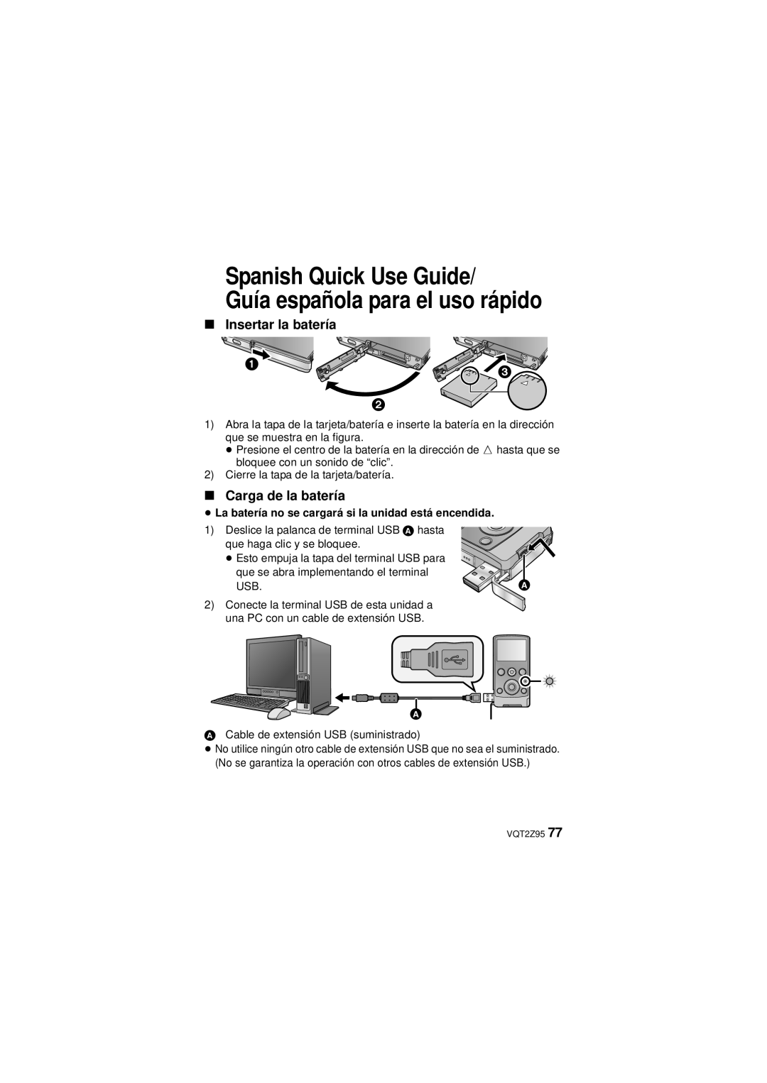 Panasonic VQT2Z95-1 Insertar la batería, Carga de la batería, ≥ La batería no se cargará si la unidad está encendida 