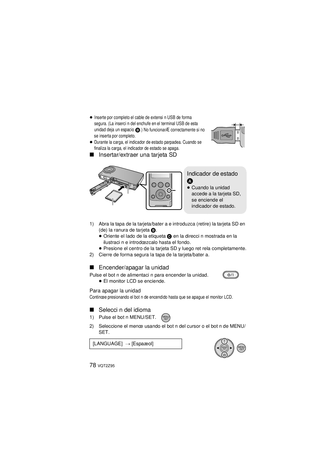 Panasonic 1AG6P1P6073-S Insertar/extraer una tarjeta SD Indicador de estado, Encender/apagar la unidad, Language # Español 