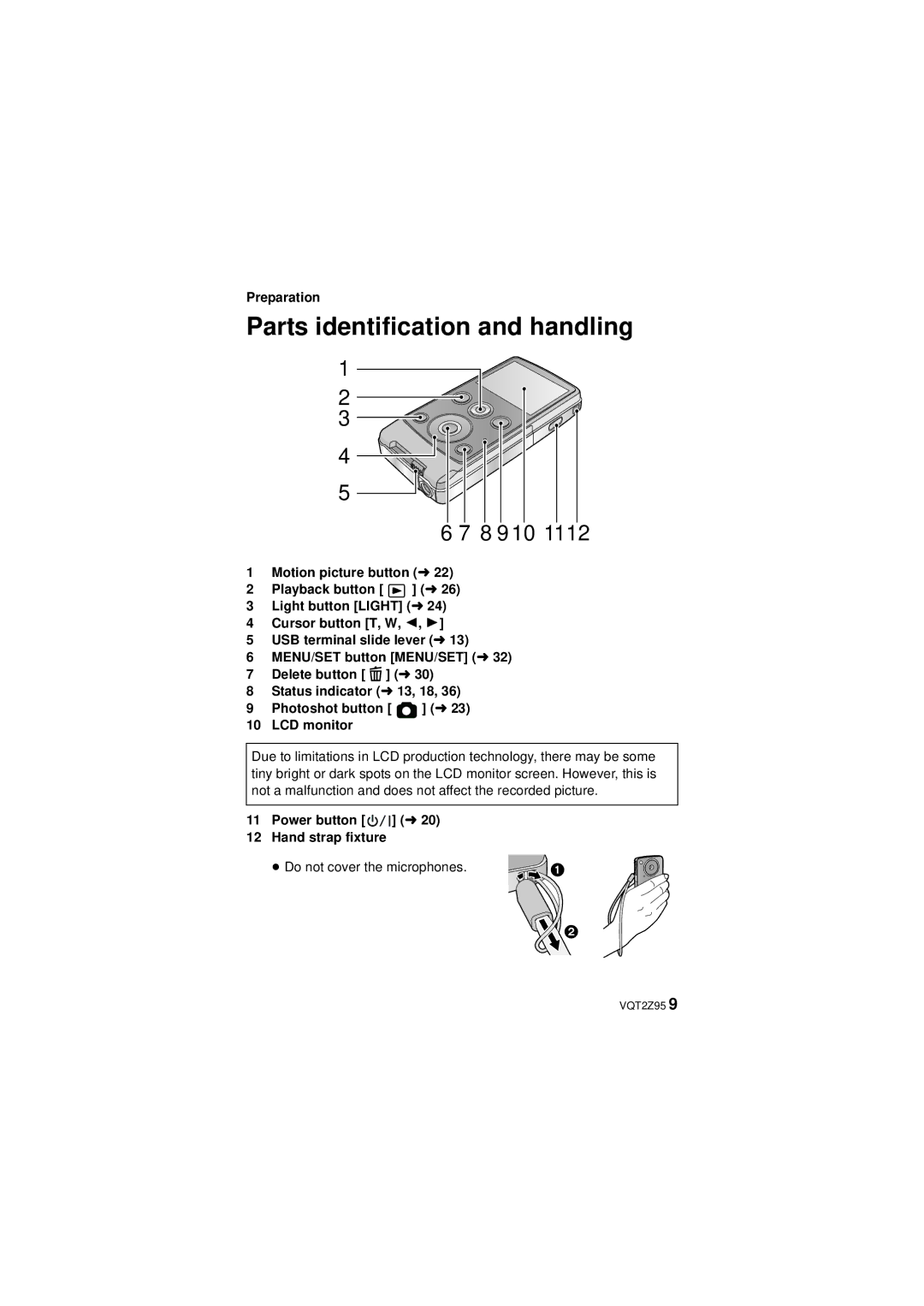 Panasonic VQT2Z95-1, HM-TA1 Parts identification and handling, Preparation, Power button l Hand strap fixture 