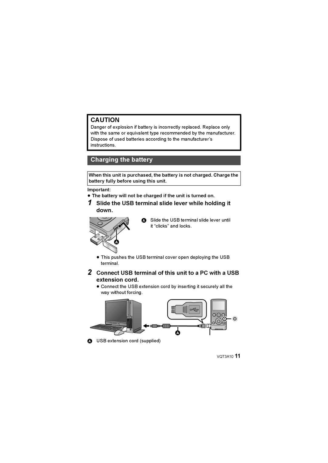 Panasonic HM-TA1 operating instructions Charging the battery, Slide the USB terminal slide lever while holding it down 