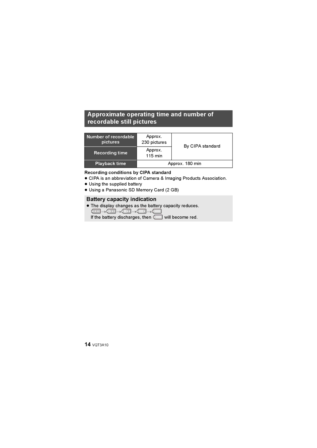 Panasonic HM-TA1 Battery capacity indication, Number of recordable Pictures, Recording time, Playback time 