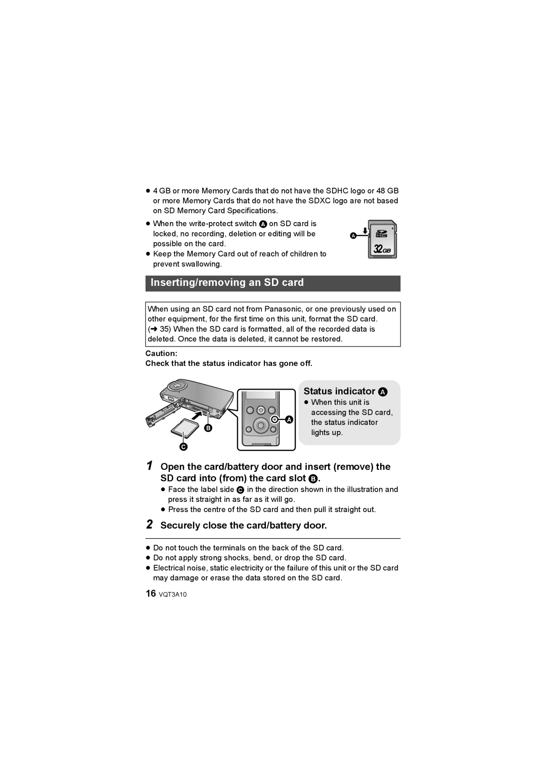 Panasonic HM-TA1 Inserting/removing an SD card, Status indicator a, Securely close the card/battery door 