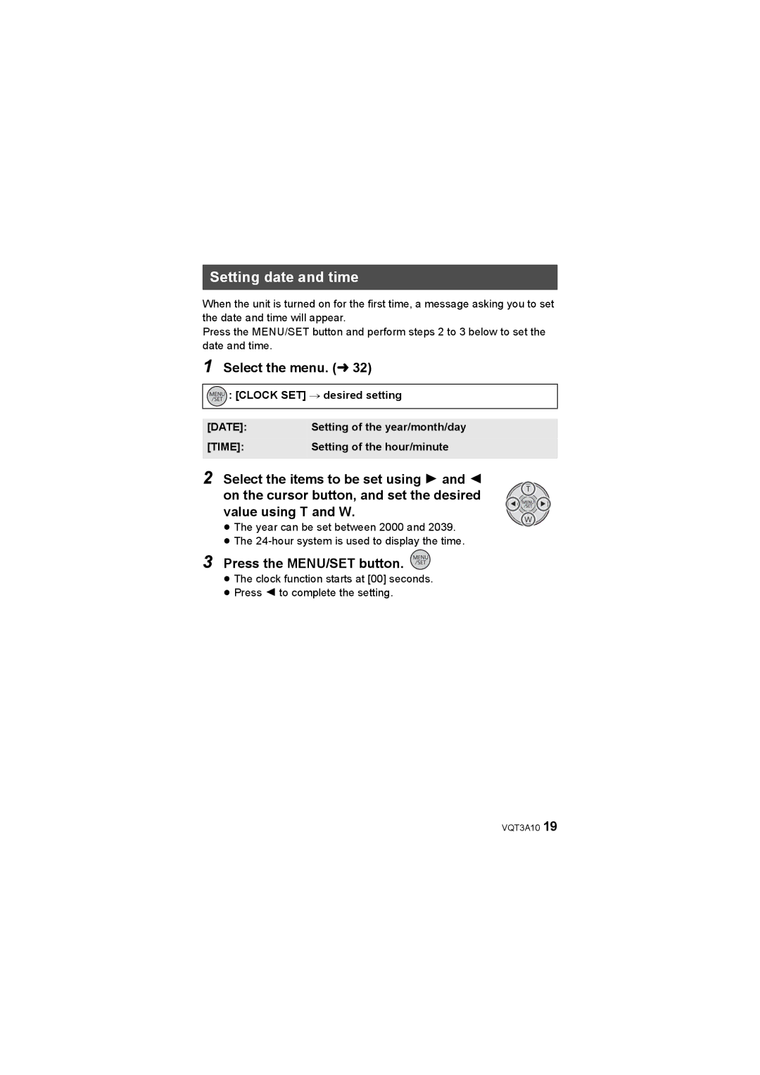 Panasonic HM-TA1 operating instructions Setting date and time, Select the menu. l, Press the MENU/SET button 