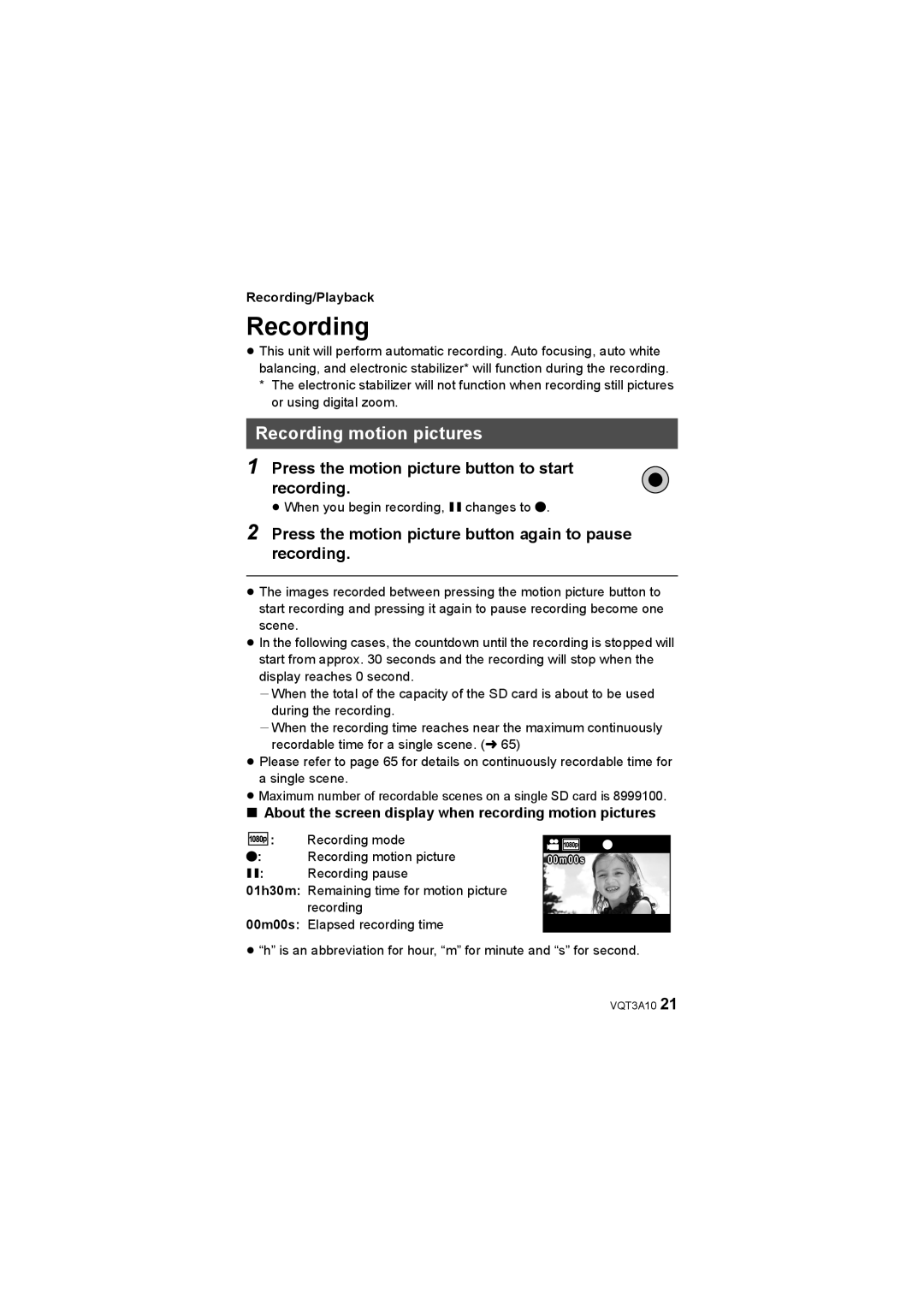 Panasonic HM-TA1 operating instructions Recording motion pictures, Press the motion picture button to start Recording 