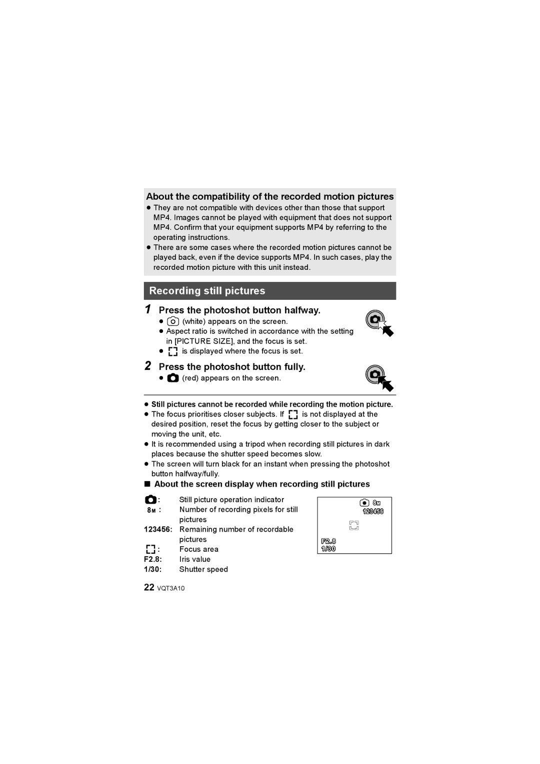 Panasonic HM-TA1 operating instructions Recording still pictures, About the compatibility of the recorded motion pictures 