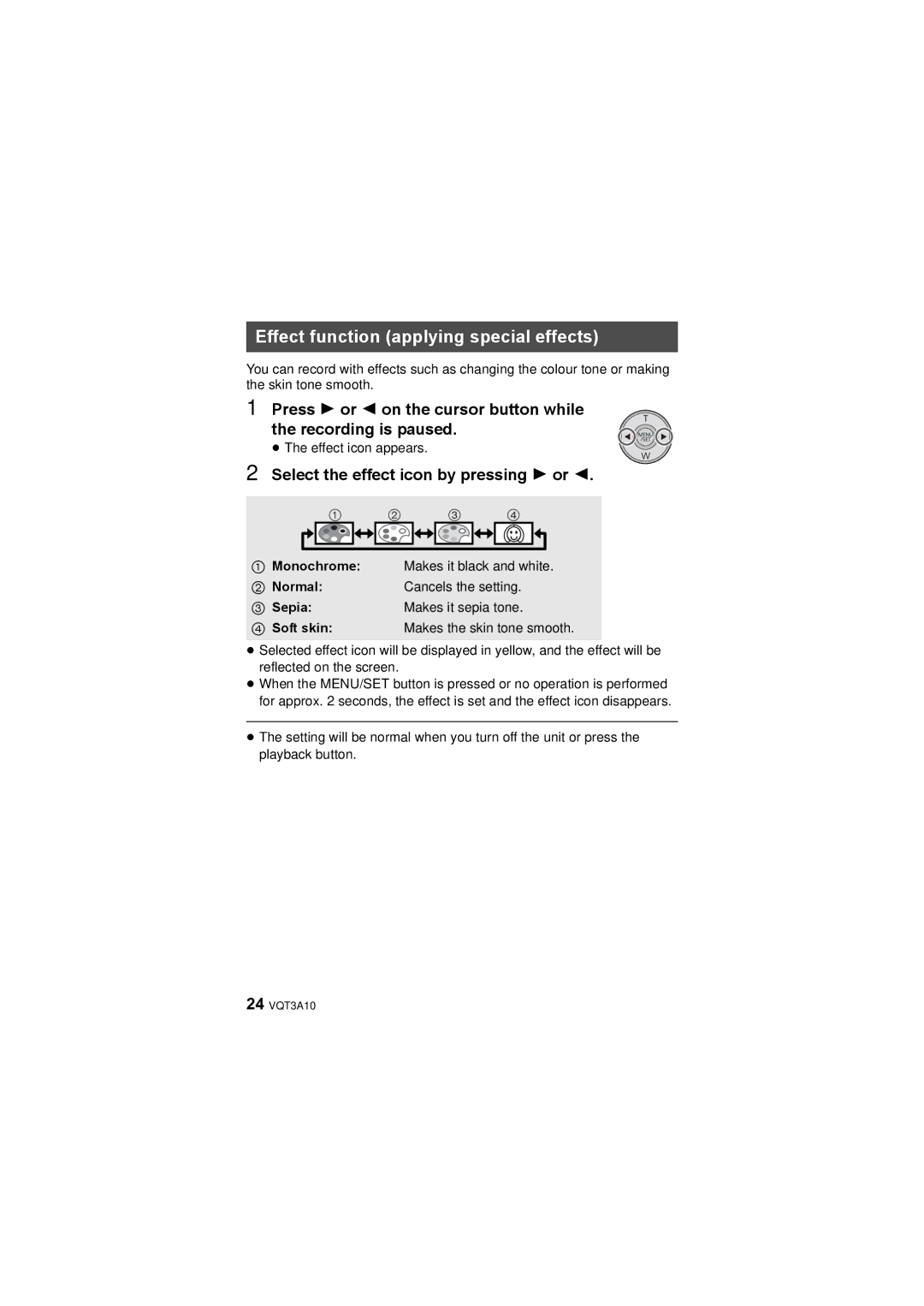 Panasonic HM-TA1 Effect function applying special effects, Select the effect icon by pressing 1 or, Normal, Sepia 