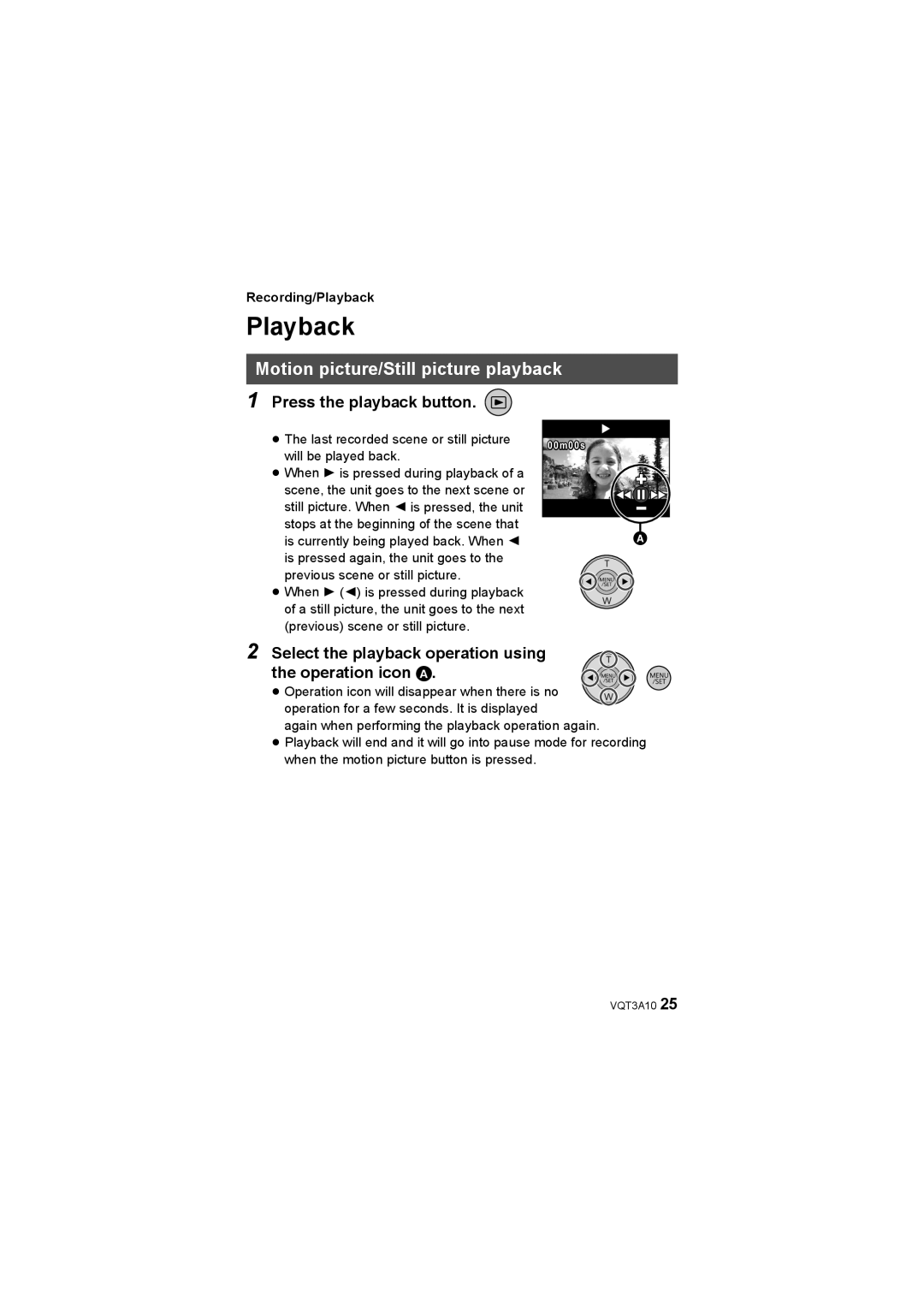 Panasonic HM-TA1 operating instructions Playback, Motion picture/Still picture playback, Press the playback button 