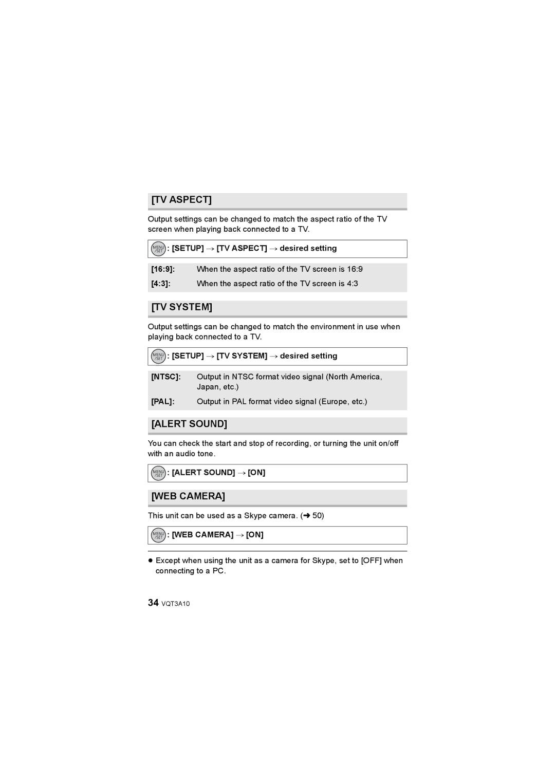 Panasonic HM-TA1 Setup # TV Aspect # desired setting, Setup # TV System # desired setting, Alert Sound # on 