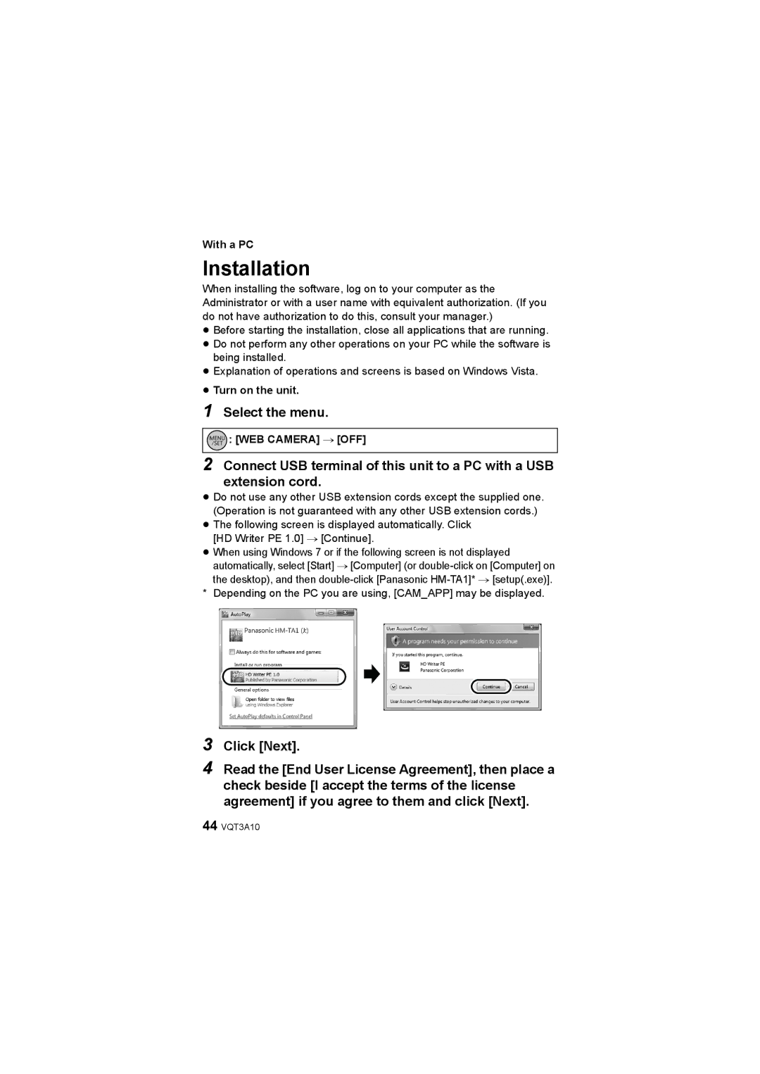 Panasonic HM-TA1 operating instructions Installation, Select the menu, ≥ Turn on the unit, WEB Camera # OFF 