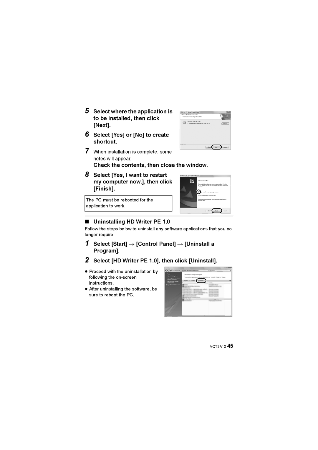 Panasonic HM-TA1 operating instructions Uninstalling HD Writer PE 