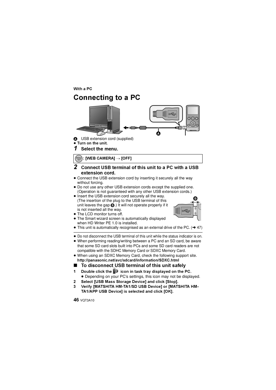 Panasonic HM-TA1 To disconnect USB terminal of this unit safely, Double click the icon in task tray displayed on the PC 