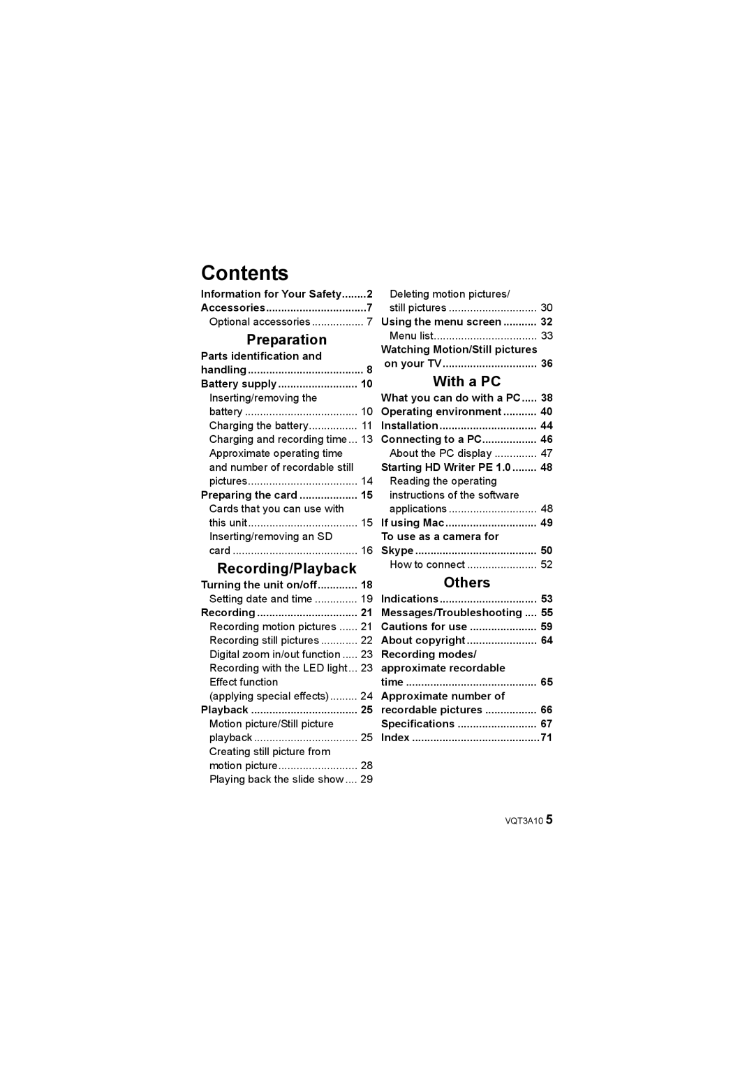 Panasonic HM-TA1 operating instructions Contents 