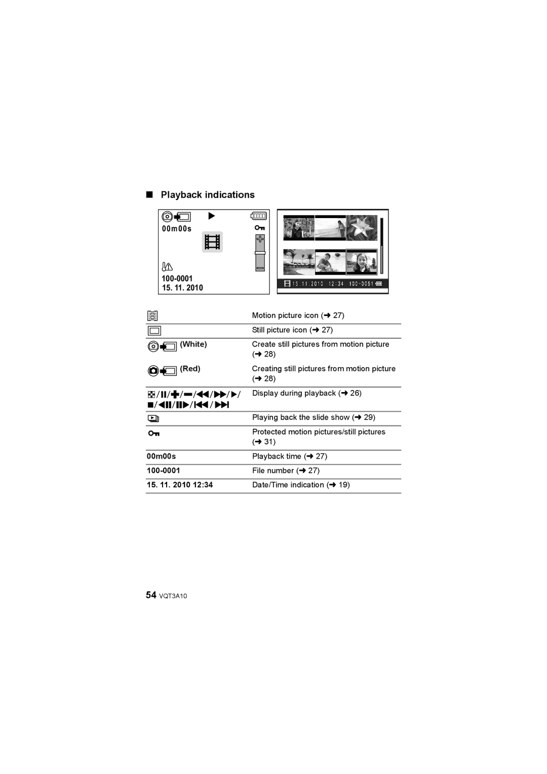 Panasonic HM-TA1 operating instructions Playback indications, 00m00s 100-0001 