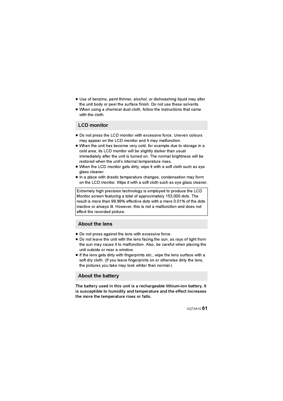 Panasonic HM-TA1 operating instructions LCD monitor, About the lens, About the battery 