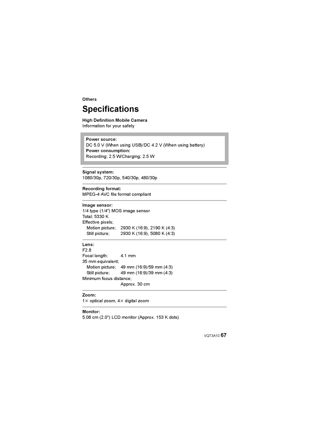 Panasonic HM-TA1 operating instructions Specifications 