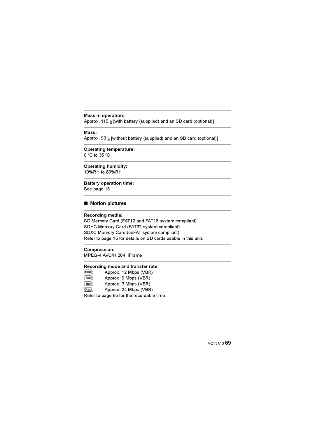 Panasonic HM-TA1 operating instructions Motion pictures 