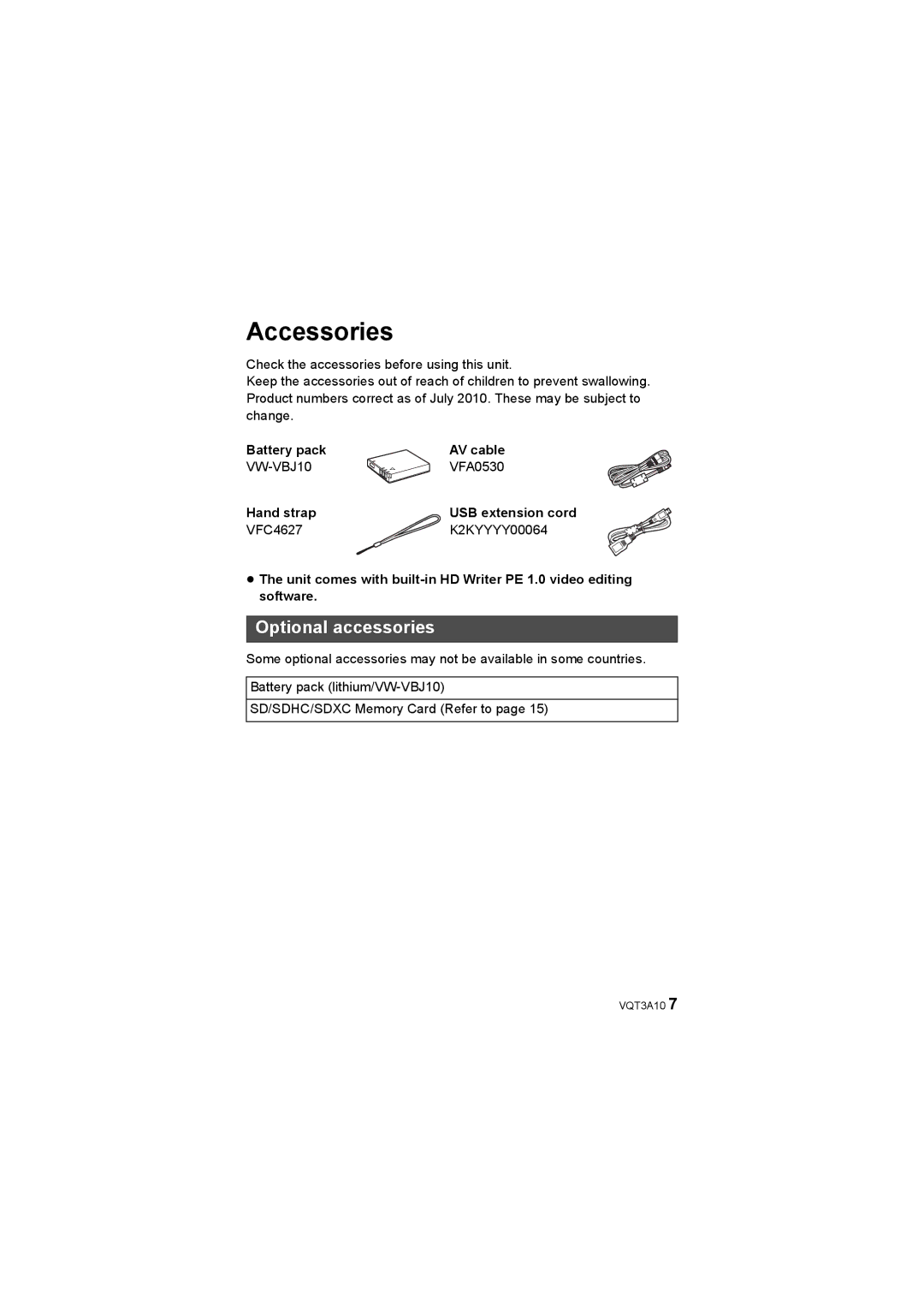 Panasonic HM-TA1 operating instructions Accessories, Optional accessories, Battery pack AV cable, Hand strap 