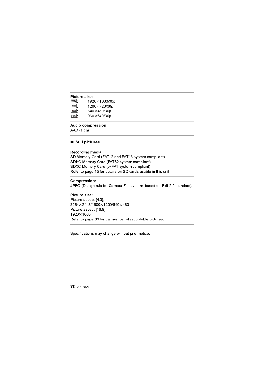 Panasonic HM-TA1 operating instructions Still pictures, Audio compression, Picture size Picture aspect 