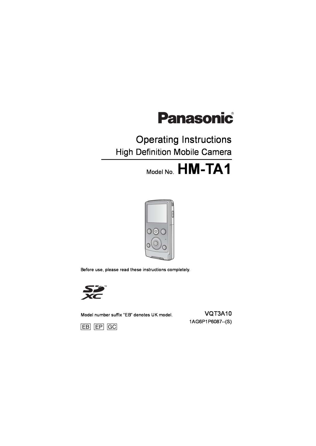 Panasonic operating instructions Model No. HM-TA1, VQT3A10, Operating Instructions, High Definition Mobile Camera 