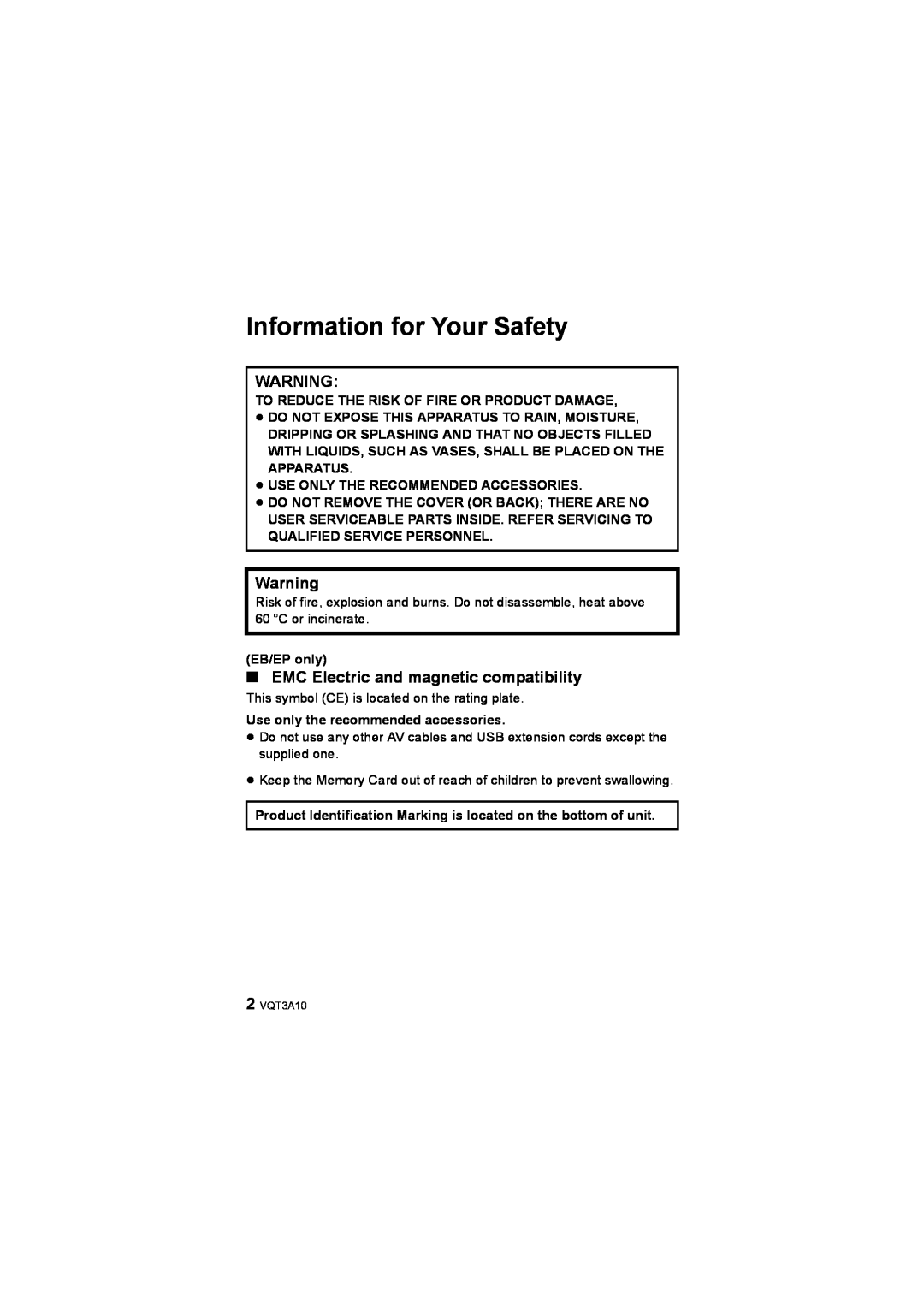 Panasonic HM-TA1 operating instructions Information for Your Safety, ∫ EMC Electric and magnetic compatibility, EB/EP only 