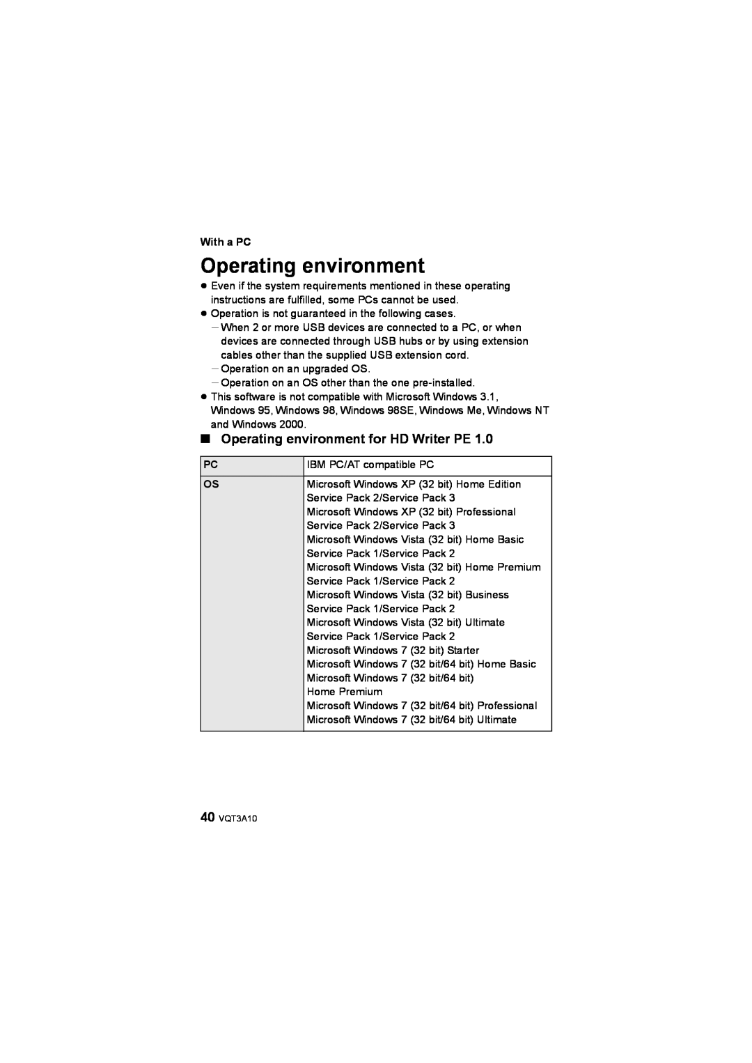 Panasonic HM-TA1 operating instructions ∫ Operating environment for HD Writer PE, With a PC 