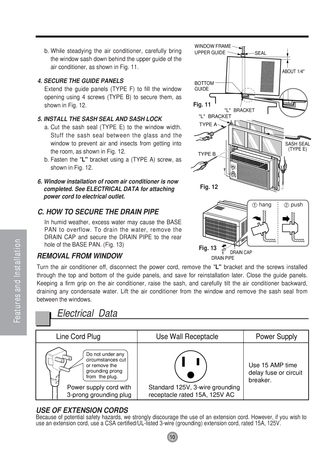 Panasonic HQ-2051RH manual Electrical Data, HOW to Secure the Drain Pipe, Removal from Window, USE of Extension Cords 