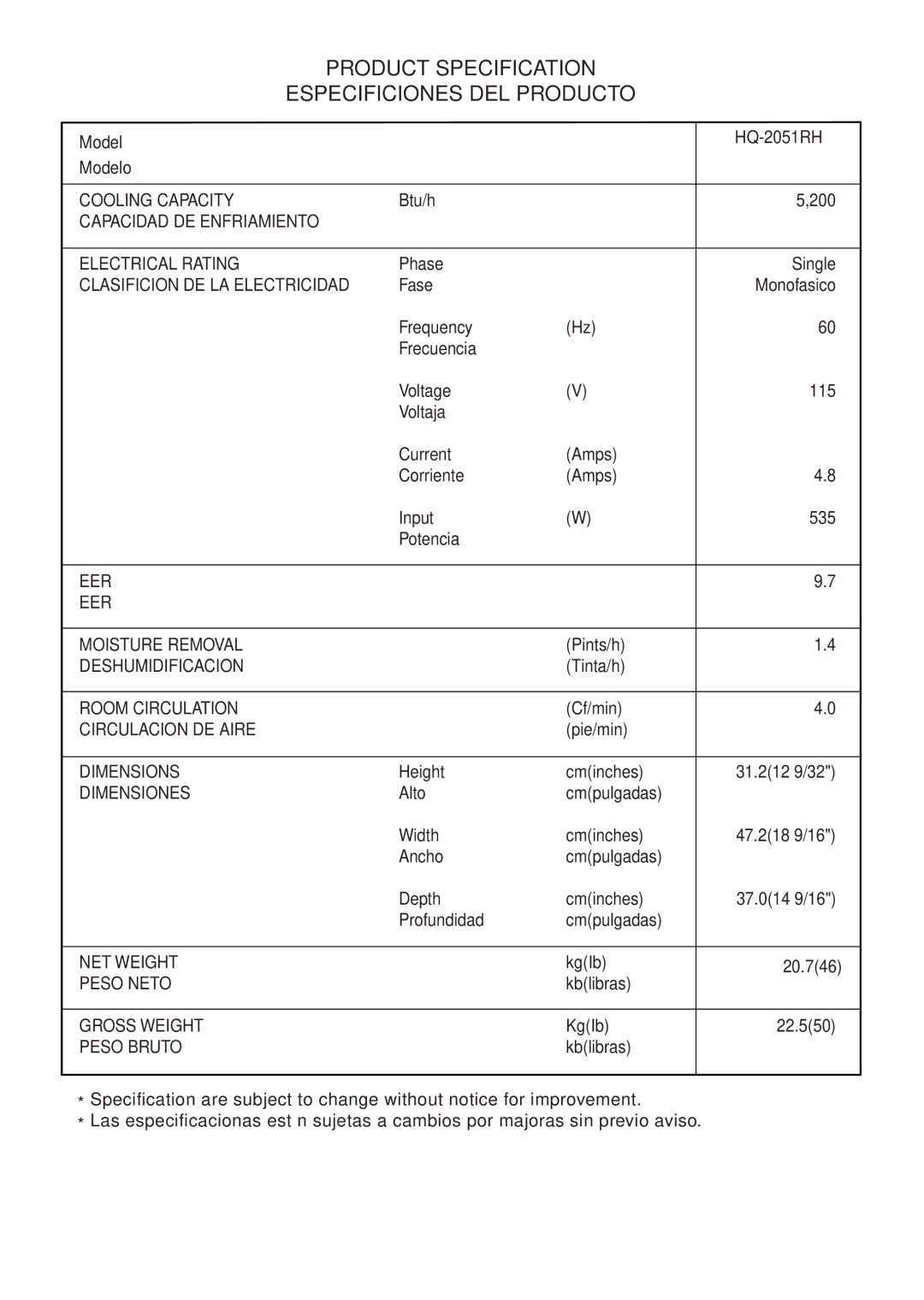 Panasonic HQ-2051RH manual Product Specification Especificiones DEL Producto 