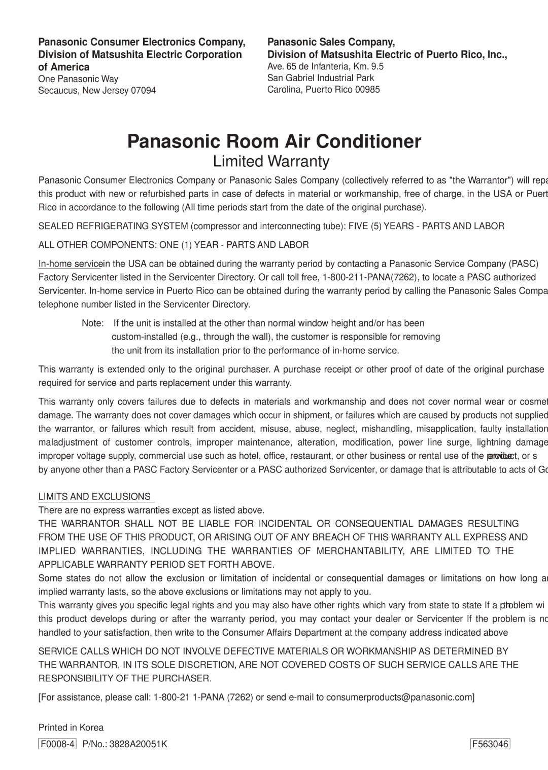 Panasonic HQ-2051RH manual Panasonic Room Air Conditioner 