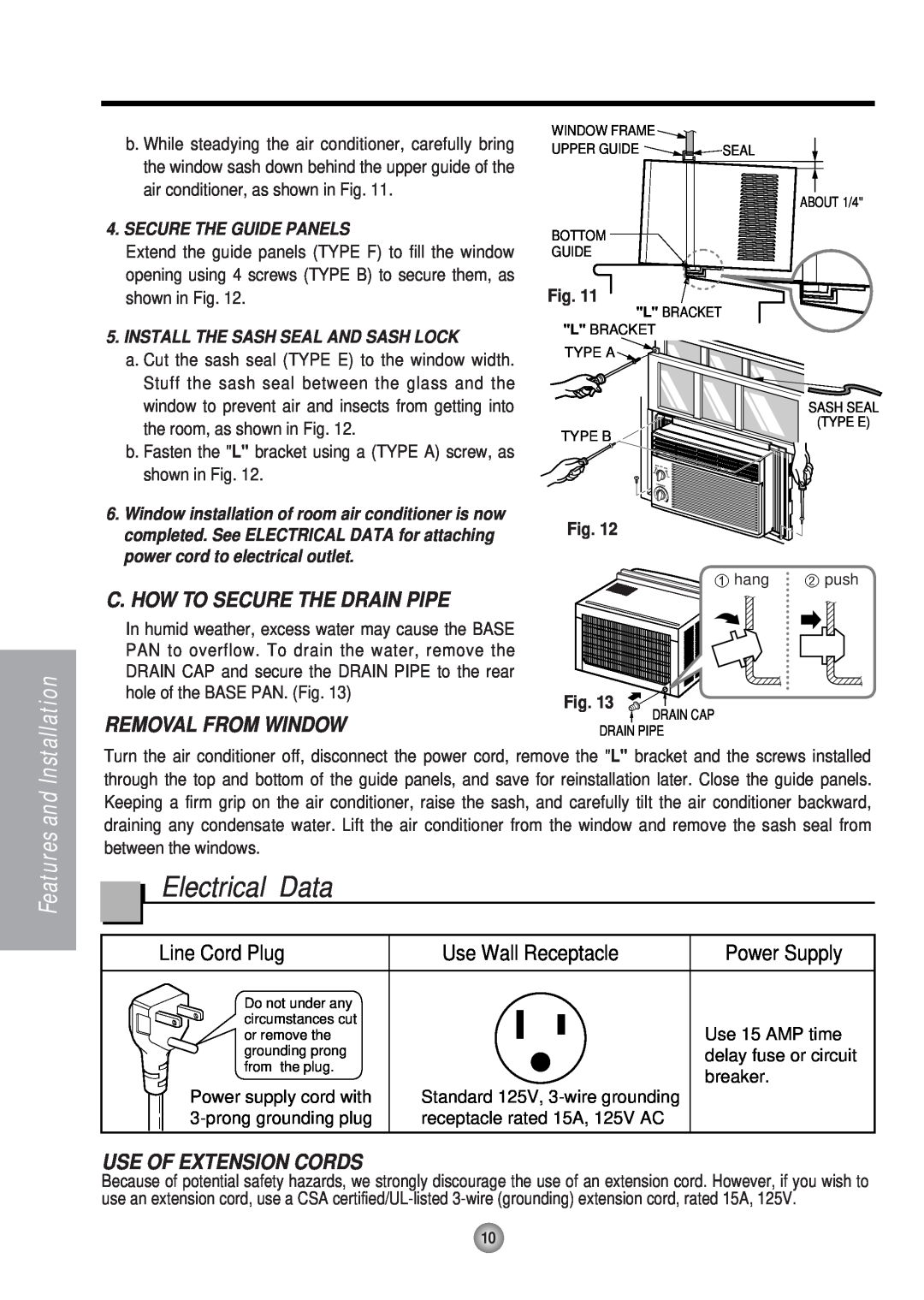 Panasonic HQ-2051RH Electrical Data, C. How To Secure The Drain Pipe, Removal From Window, Line Cord Plug, Power Supply 