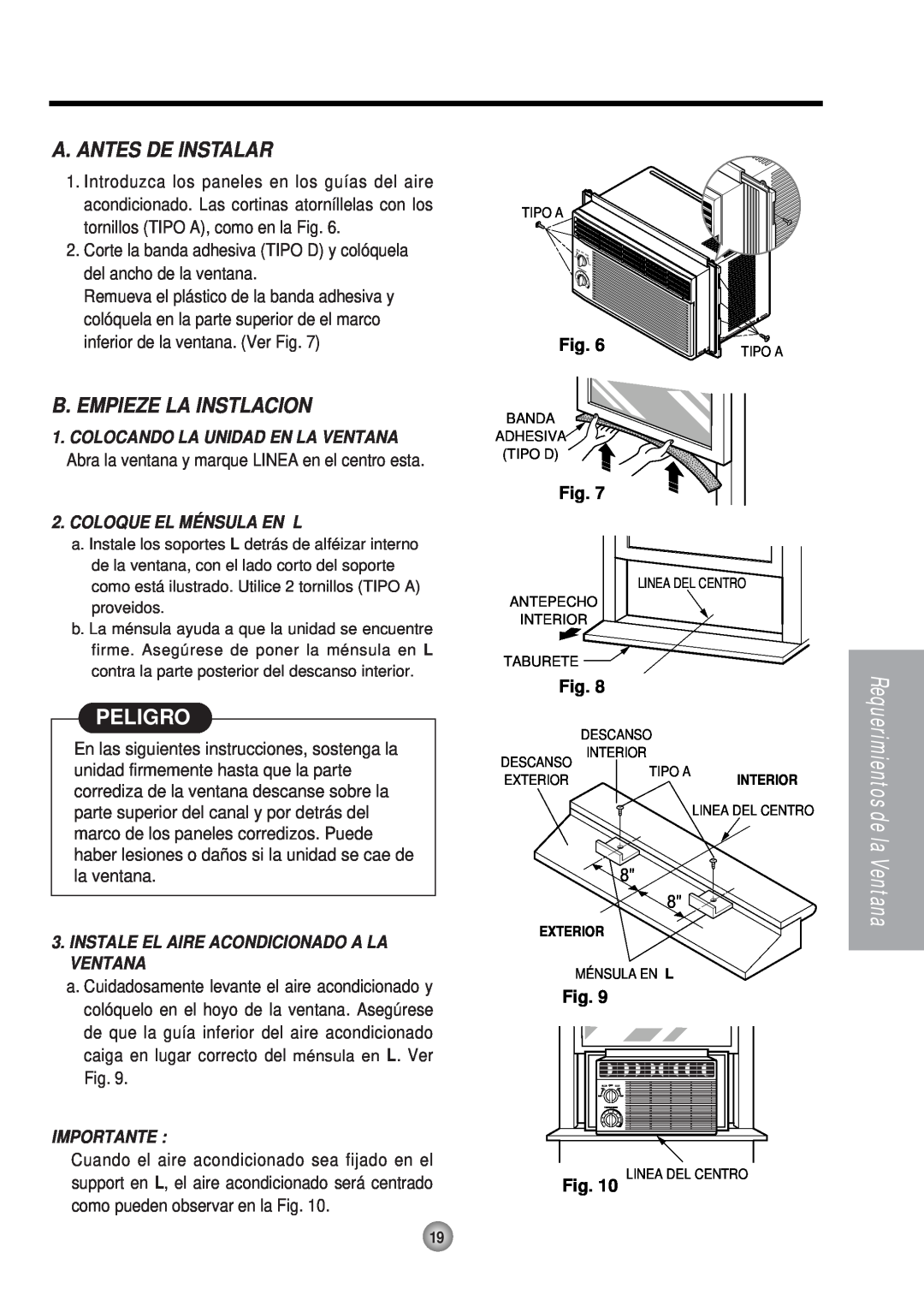 Panasonic HQ-2051RH manual A. Antes De Instalar, B. Empieze La Instlacion, Peligro, Coloque El Ménsula En L, Importante 