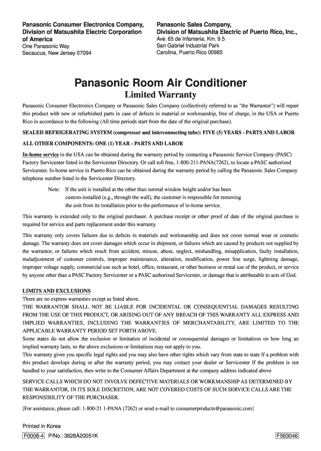 Panasonic HQ-2051RH manual Panasonic Room Air Conditioner, Limited Warranty, Limits And Exclusions 