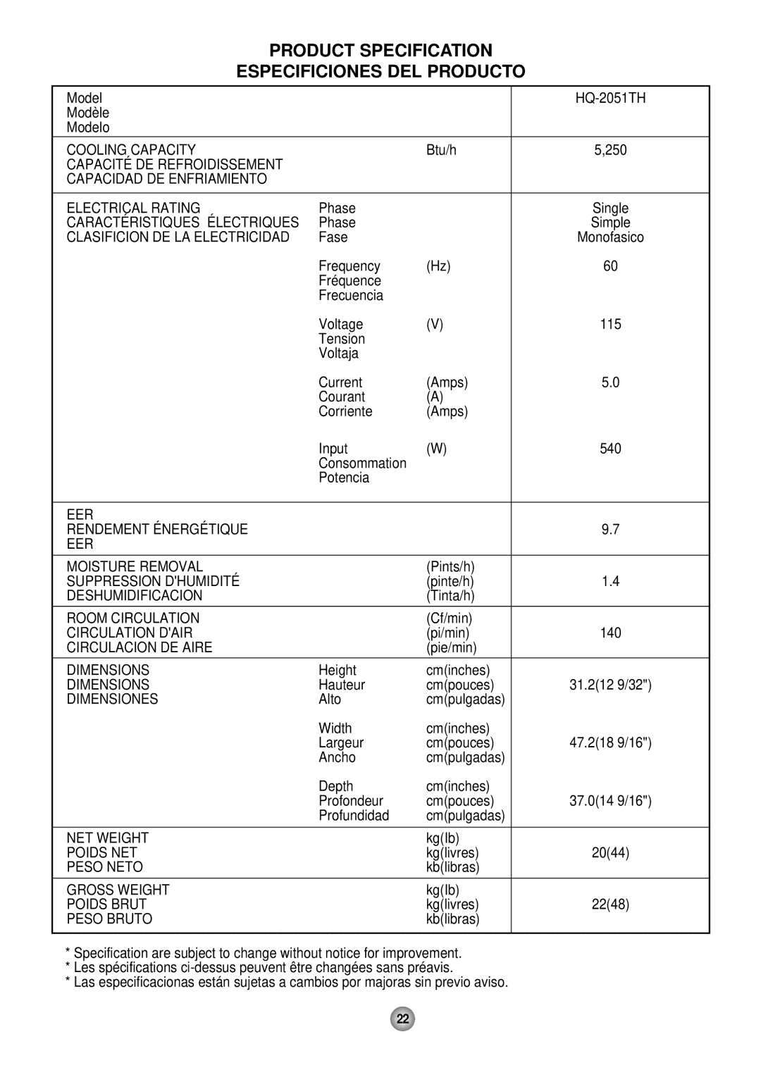 Panasonic HQ-2051TH manual Product Specification Especificiones DEL Producto 