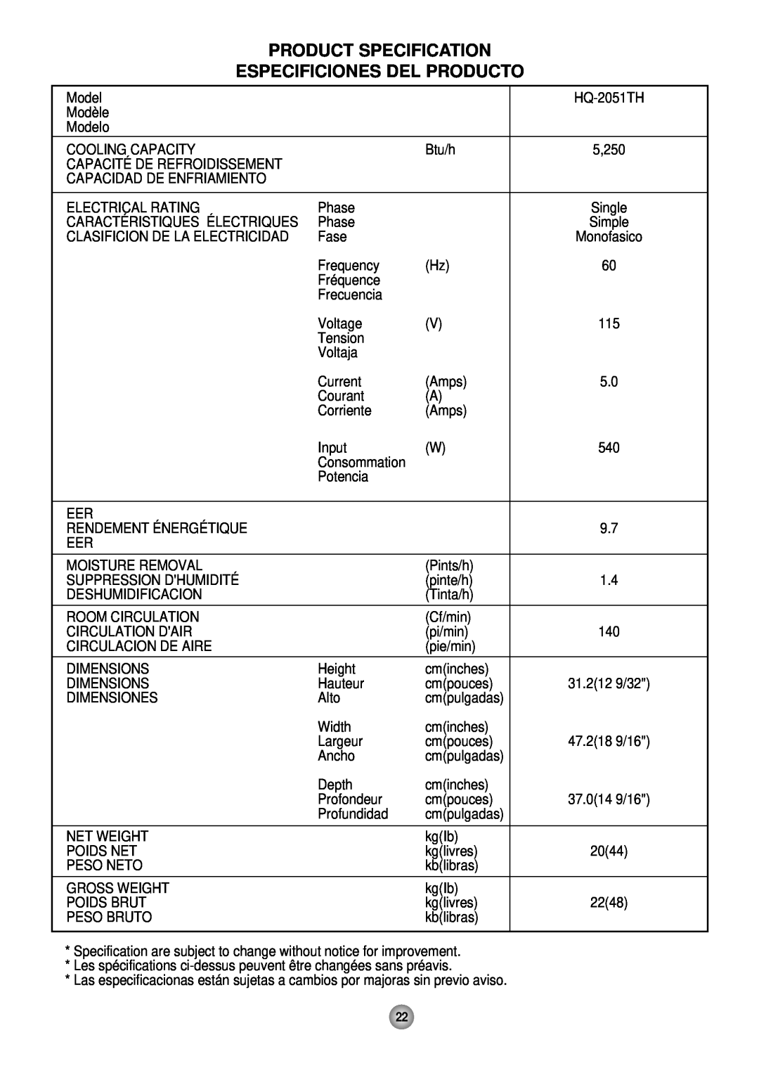 Panasonic HQ-2051TH manual Product Specification Especificiones Del Producto 