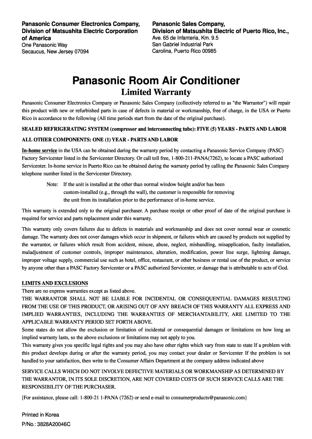 Panasonic HQ-2051TH manual Panasonic Room Air Conditioner, Limited Warranty, Limits And Exclusions 